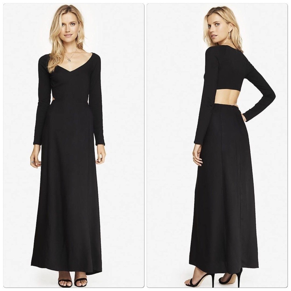 NWT Express Maxi Dress Size XS Black V Neck Long Sleeve Open Back Elegant $98